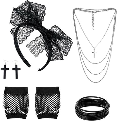80s kostuumaccessoires voor vrouwen, retro party set met kant haarband, visnet handschoenen en kettingarmband, perfect voor themafeesten en carnaval