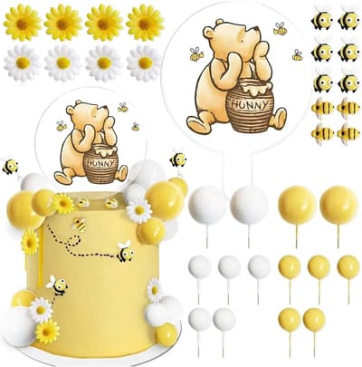 Taartdecoratieset Beer & Bij - 33-delig - Geel-Wit