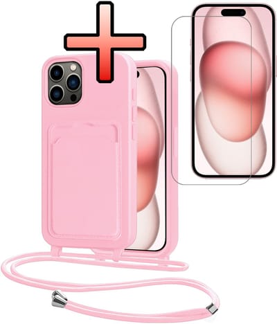 Hoes Geschikt voor iPhone 14 Pro Hoesje Pasjeshouder Cover Met Koord Case Siliconen Hoes Met Telefoonkoord en Kaarthouder Met Screenprotector - Lichtroze