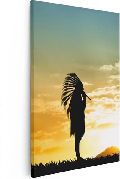 Artaza Canvas Schilderij Zonsondergang - 20x30 cm - Klein - Wanddecoratie Indianen - Muurdecoratie Silhouet - Kamer Accessoires Natuur