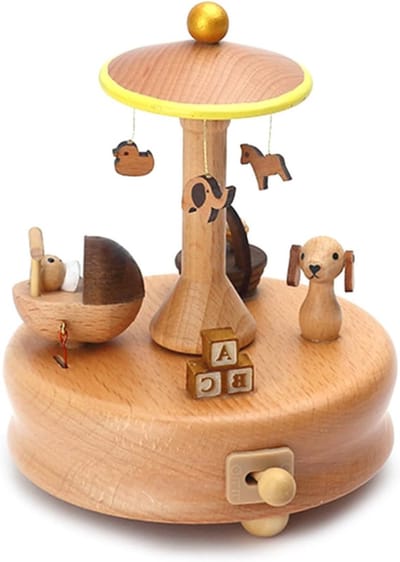 Houten Muziekdoos - Draaibare Carrousel - Decoratie Bureau - Uniek Draaimechanisme - Hoogte 18cm - Natuurlijk Hout