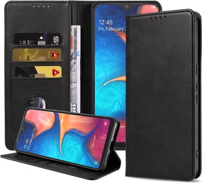 Smartphonica Samsung Galaxy A20E kunstleren hoesje met magnetische sluiting en pashouders book case - zwart geschikt voor Samsung Galaxy A20e