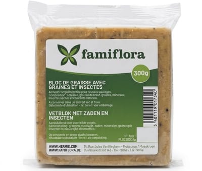 Famiflora vetblok voor buitenvogels - Zaden en Insecten - 300g - Bevat gedroogde insecten - Aangevuld met mineralen/calcium - Aanvullend voeder