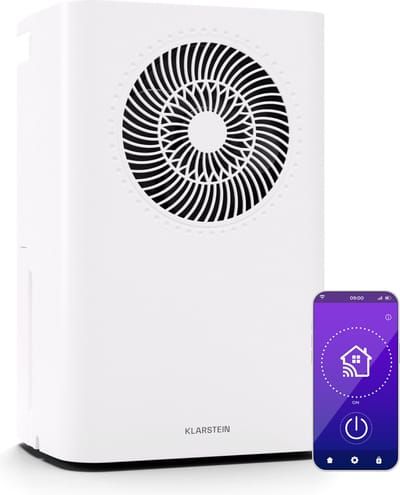 Klarstein CircleDry 12L Smart Luchtontvochtiger, Wi-Fi app-bediening, Stil 45dB, 24h timer, Continue afwatering, Vochtigheidsregeling, Draagbaar voor ruimtes tot 30m², Wit