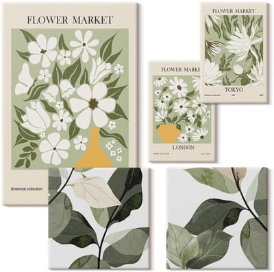 Wallfluent Set van canvas schilderijen - Bloemenmotieven van de markten in Londen, Dublin en Tokio Canvas Schilderijen Set - Set van 5 Canvas Schilderijen - Groente Set van Canvas Prints - Natuur Canvas Kunst Set - Boheemse Canvas Kunst Set
