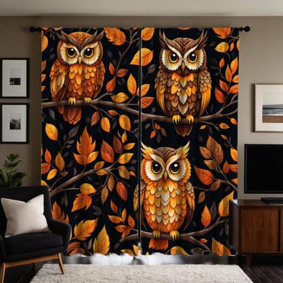 2 pièces Rideaux trois hiboux en érable HD Rideaux jaunes à nouer imprimés numériquement Style décoration intérieure Décorer salon chambre à couc W52H63inchW132H160cm brown