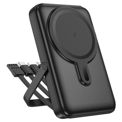 Hoco Magnetisch Powerbank 10.000mAh - Draadloos Opladen - Ingebouwde Kabels (USB-C & iPhone) - Geschikt voor MagSafe Met Standaard - 22.5W Snelladen - Zwart