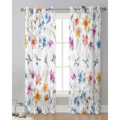 Aquarelle Feuilles Plantes Fleurs Papillons Voilages Transparents Ouverture Fenêtre Salon Voilage Voile Tulle Transparent Rideaux Décoration Intérieure W65X60H(cm)X2Pcs&Grommet Top