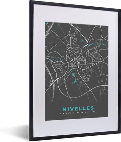 Fotolijst incl. Poster - Stadskaart – Grijs - Kaart – Nivelles – België – Plattegrond - 30x40 cm - Posterlijst