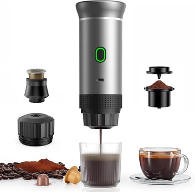 Espressomachine voor op reis en in de auto met zelfverwarming, USB-C aansluiting en 3-in-1 functie