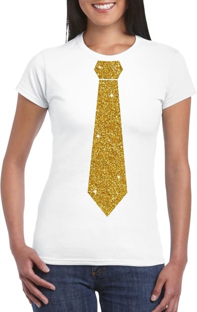 Wit fun verkleed t-shirt - met stropdas - in glitter goud - dames - korte mouwen XS
