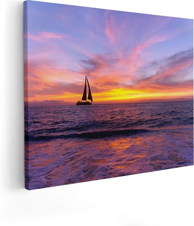 Artaza Canvas Schilderij Zonsondergang Zee - 50x40 cm - Wanddecoratie Strand - Muurdecoratie Zeilboot - Kamer Accessoires Woonkamer