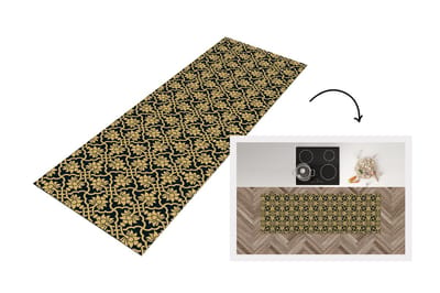 Keukenloper - Loper keuken - Bloemen - Zwart - Goud - Patronen - 150x50 cm - Keukenloper vinyl
