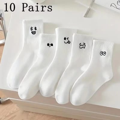 5/10/20 Paires Chaussettes Blanches Cartoon Hommes Femmes Tendance Polyvalentes Expression Chaussettes Fille Douces Respirantes Confortables Chaussettes Décontractées One Size white