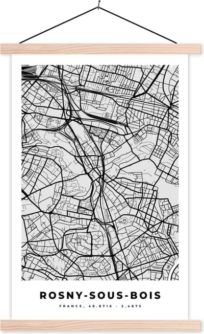 Posterhanger incl. Poster 40x60 cm - Schoolplaat - Rosny-sous-Bois - Plattegrond - Frankrijk - Kaart - Stadskaart - Textielposter - Blanke latten - Stadskaart