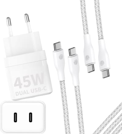 45w Snellader met 2x usb-C Kabel 3 Meter - Super Fast Charger - 45w - Geschikt voor Samsung, MacBook, iPhone 15