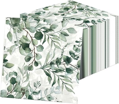 100 Eucalyptus Servetten 2 Laags, Groene en Witte Papieren Servetten voor Bruiloften, Feestjes en Tuindecoratie