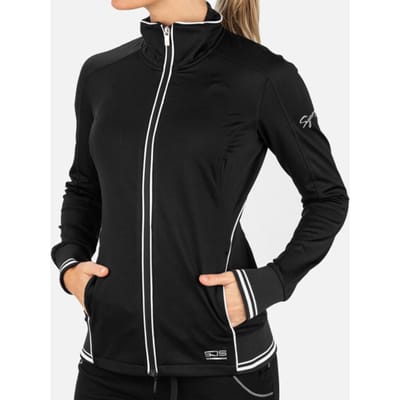 Sjeng Sports SURI Trainingsjack Dames Zwart/Wit Powerstretch Trainingsjack met witte bies en slank silhouet
