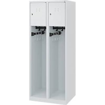 Brandweerkluis C+P Evolo Youngster, 2 vakken, zonder helmhouder, vloerglijders, B 600 x D 500 x H 1530 mm, RAL 7035 lichtgrijs