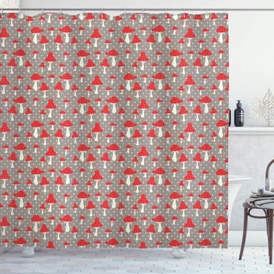 ABAKUHAUS Douchegordijn Amanita Tupfen – Stof 175x220 cm – Taupe Creme Rood