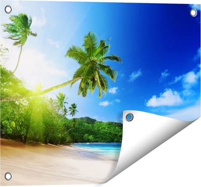 Gards Tuinposter Strand tijdens Zonsondergang in Seychellen - 50x40 cm - Tuindoek - Tuindecoratie - Wanddecoratie buiten - Tuinschilderij