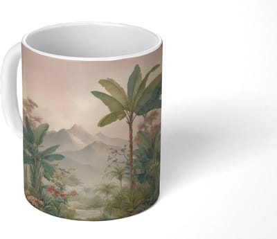 Mok - Koffiemok - Tropisch landschap - palmbomen - Bloemen - Roze lucht - Mokken - 350 ML - Beker - Koffiemokken - Theemok