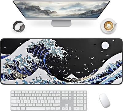 Gaming Mouse Mat 800 x 300 mm Desk Mat with Non-Slip Rubber Base Desk Mat for Keyboard, PC, Laptop, Black and White Lines (Midnight Wave)