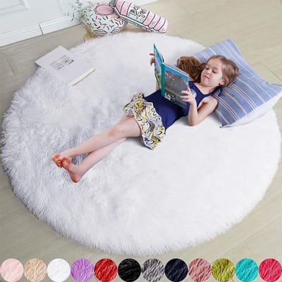 Rond vloerkleed, 1,2 x 1,2 meter, geschikt voor een meisjeskamer; zacht rond vloerkleed, geschikt voor een kinderkamer (wit).