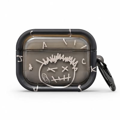 Enluxe Case geschikt voor Airpods 4 - Sketch Smiley Metallic Zwart - Hardcase met Karabijnhaak, Schokbestendig Hoesje