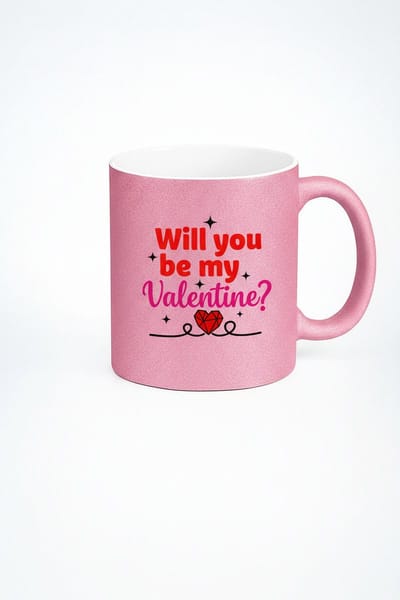 Roze Glitter Valentijn Mok - "Will you be my Valentine?" Cadeau Beker