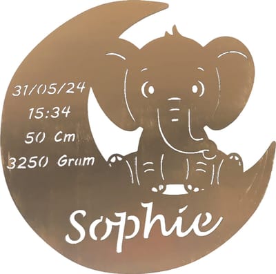 Gepersonaliseerd Houten Geboortebord met Maan en olifant – Uniek Kraamcadeau met Naam, Geboortedatum, Gewicht en Lengte - 38cm - Goud