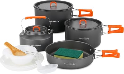 Lichtgewicht camping kookset met anti-aanbaklaag, pannen en ketel voor 4-6 personen, ideaal voor buiten koken en picknicks, inclusief soeplepel en kommen