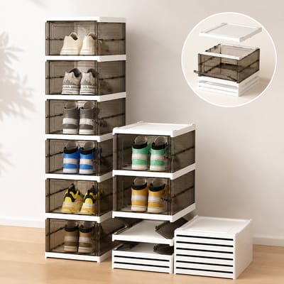 Gloovon® Schoenopbergbox - Set van 6 - Stapelbaar & Opvouwbaar - Kunststof Schoenen Organizer - Ventilatie - Wit - Tot Maat 46