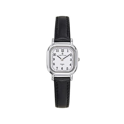 Certus-Dameshorloge-model-644402-zilverkleurig-zwart leder-5 atm waterdicht-diameter 23 x 23 mm-duidelijke wijzerplaat-made in france