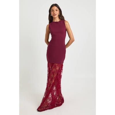 boohoo Dames Kanten Zoom Mouwloze Maxi Jurk | Merlot | Maat: 36