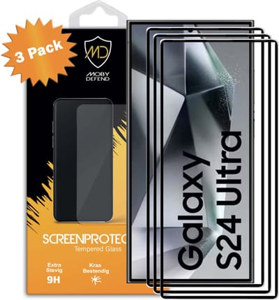 3-Pack MobyDefend Screenprotectors - Geschikt voor Samsung Galaxy S24 Ultra - Screensavers Met Zwarte Randen - Gehard Glas