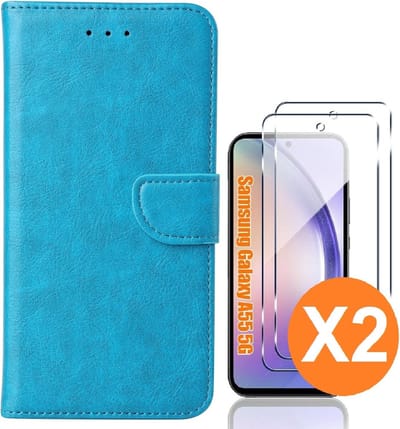 Hoesje geschikt voor Samsung Galaxy A55 5G hoesje bookcase Blauw - Met screenprotector tempered glass voor Galaxy A55 - 2x