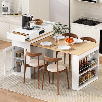Keukeneiland met wielen - uitschuifbare eettafel met opklapbaar tafelblad - bar met stekkerdoos en haken - buffetkast - wit