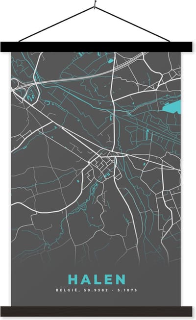 Posterhanger incl. Poster 40x60 cm - Schoolplaat - Stadskaart – Grijs - Kaart – Halen – België – Plattegrond - Textielposter - Zwarte latten - Stadskaart