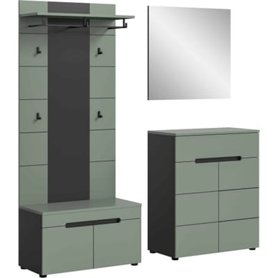 Furnilux Elegante garderobecombinatie in smoke green zitbank-paneel-ladekast-spiegel -
