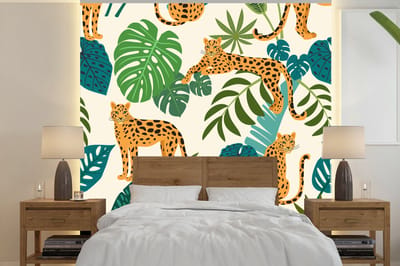 Behang meisjeskamer - Fotobehang Jungle - Luipaard - Planten - Patroon - Meiden - Jongens - Breedte 350 cm x hoogte 350 cm