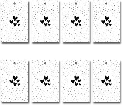 8x Label / Kaartje van karton / Cadeaulabels | HARTJES EN STIPJES | 85 x 55 mm | wit & zwart