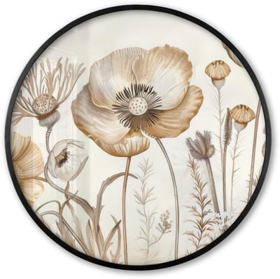 Poster in lijst Rond - Fotolijst 60x60 cm - Posters - Bloemen - Beige - Natuur - Illustratie - Ronde posterlijst zwart - Decoratie - Wanddecoratie woonkamer - Muurdecoratie slaapkamer