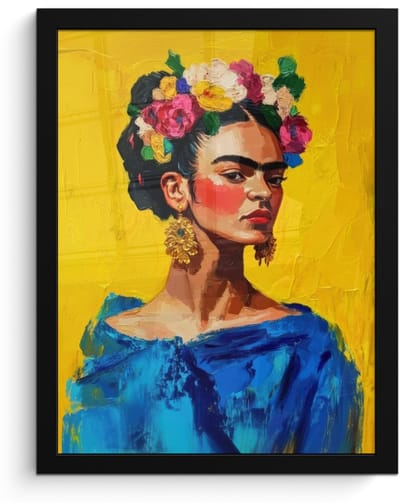 Poster in lijst - Fotolijst 30x40 cm - Posters - Frida Kahlo - Vrouw - Geel - Blauw - Bloemen - Posterlijst zwart - Decoratie - Wanddecoratie woonkamer - Muurdecoratie slaapkamer