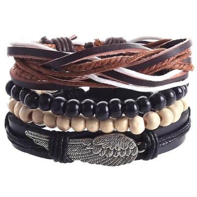 Stoere - heren armband – Set van 4 verschillende bandjes waarvan: Leer, hout kralen, textiel - zelf in grootte instelbaar.