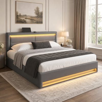 MEUNIQ gestoffeerd bed 140 x 200 cm met lattenbodem, USB-aansluiting voor draadloos en bedraad laden, LED-verlichting en opbergruimte voor slaapkamer, grijs