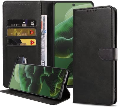 Geschikt voor Motorola Moto G35 Telefoonhoesje Kunstleer met Magnetisch lipje en Pasjeshouder Book Case met Klepje - Walletcase with Cardslot - Zwart - Smartphonica geschikt voor Motorola Moto G35