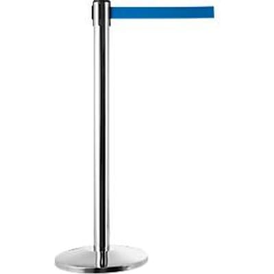 Slagboom, chroom zilver, banden blauw, uitschuifbaar tot 2 m, zelfoprollend, met rem, Ø 360 x H 1040 mm, metaal verchroomd