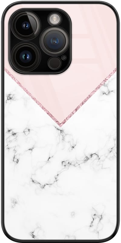 Hoesje geschikt voor iPhone 14 Pro - Marmer roze grijs - Luxe Glazen Hardcase - Bloemen - Geel - Leuke Telefoonhoesjes