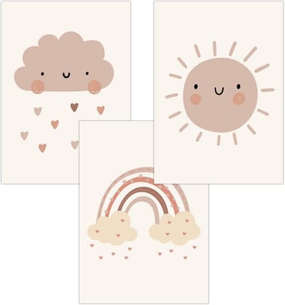 Set van 3 A4 Posters Kinderkamer Decoratie - Beige Boho Regenboog en Zon - Afbeeldingen voor Babykamer Jongens en Meisjes